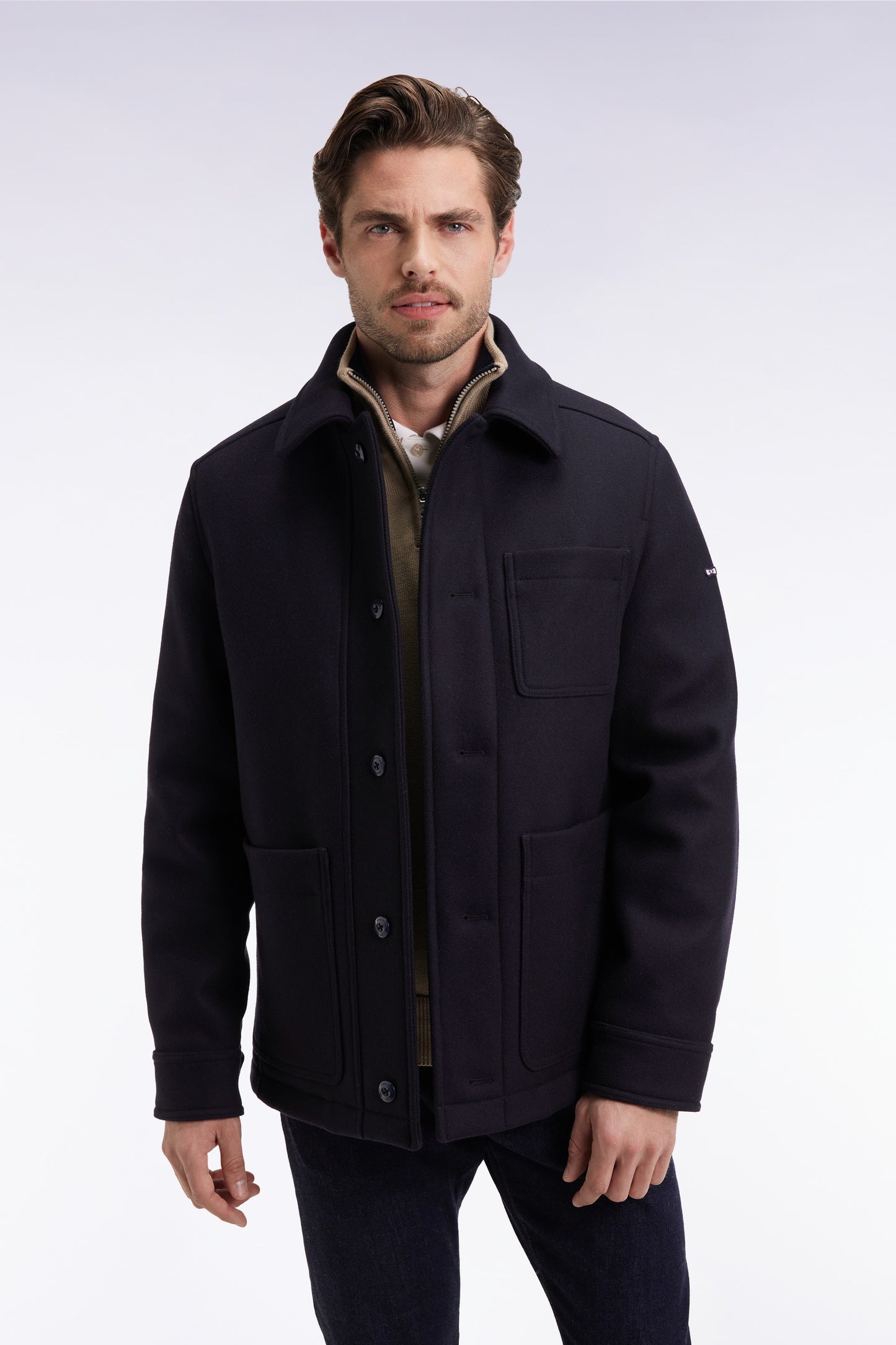 Surchemise zippée en twill de laine marine à poches plaquées