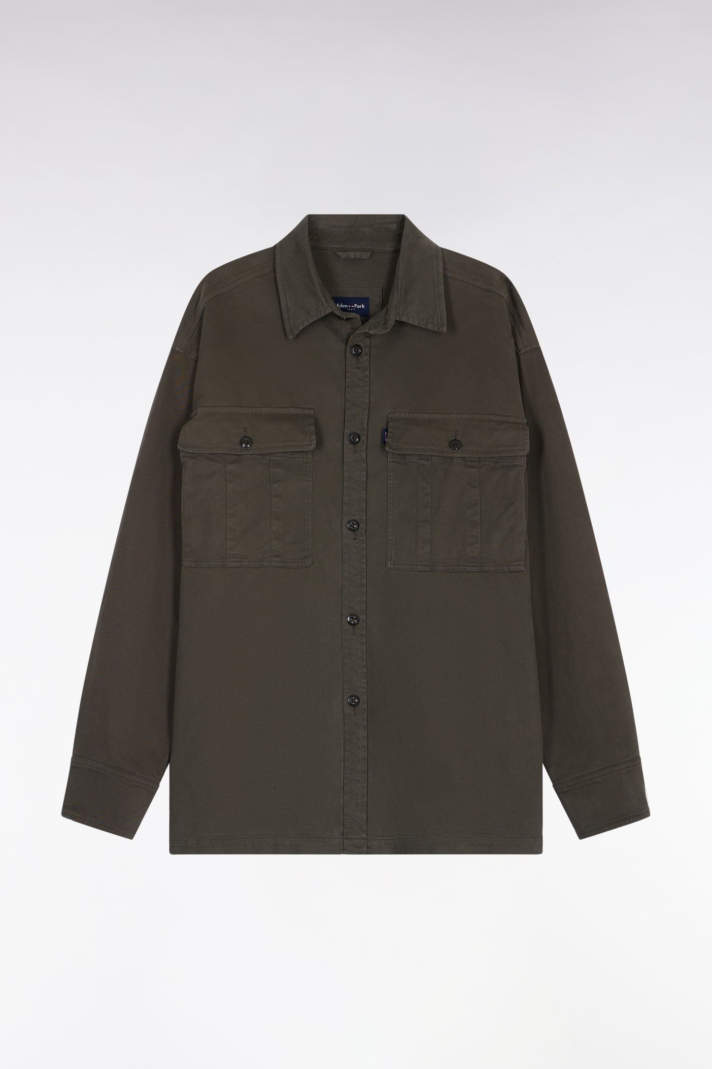 Khaki stretch cotton twill overshirt with patch pockets