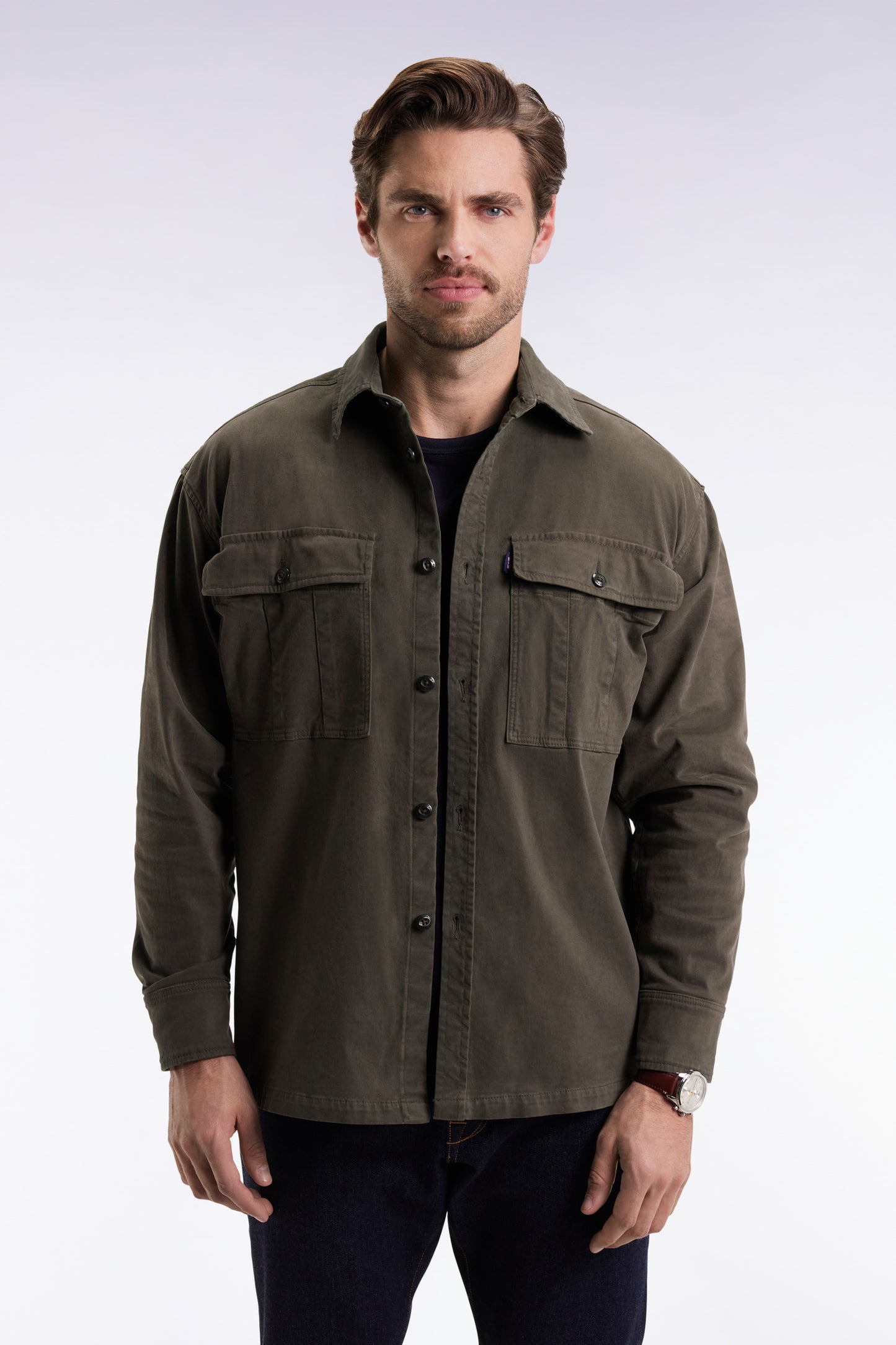 Khaki stretch cotton twill overshirt with patch pockets