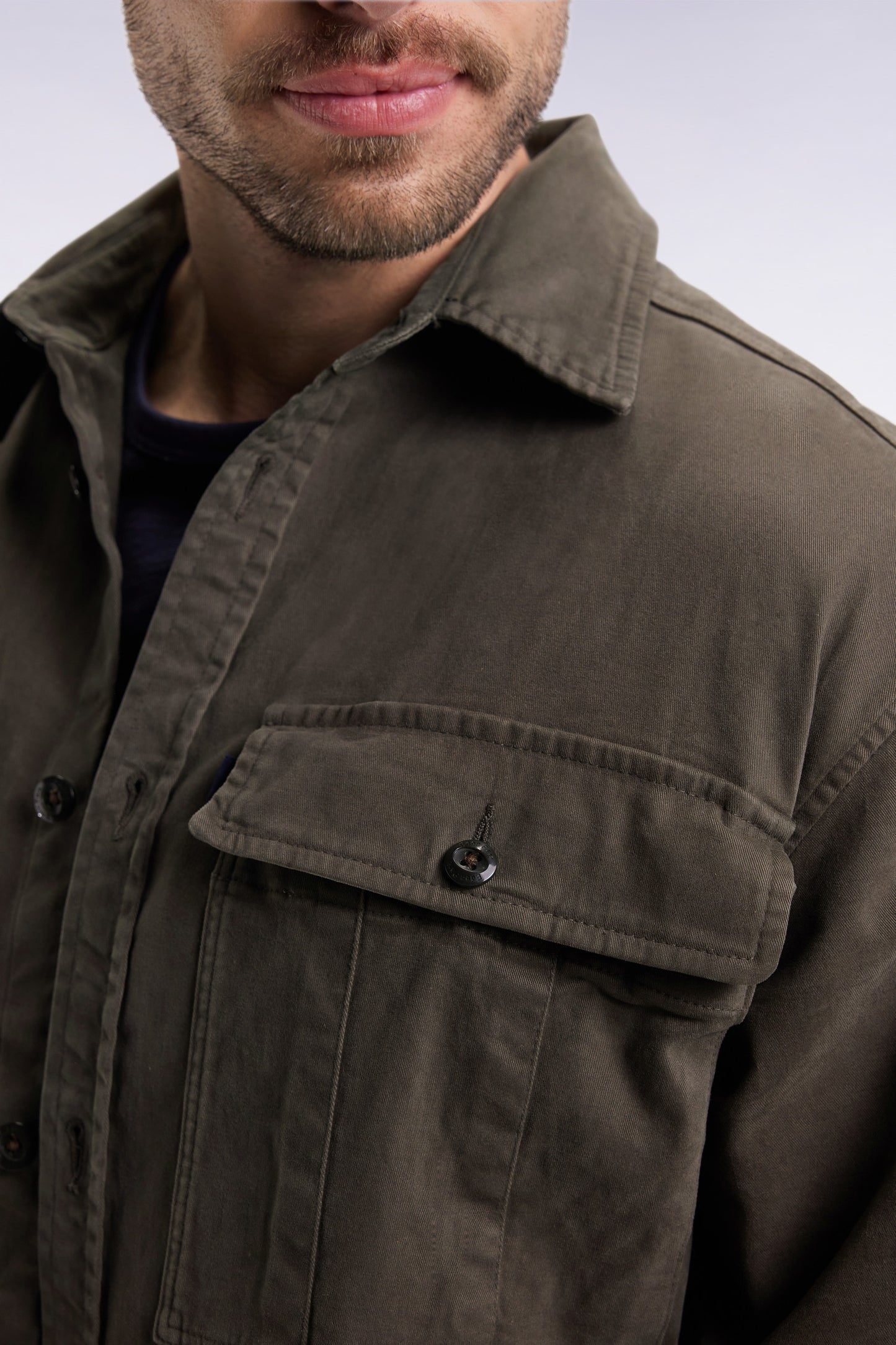 Khaki stretch cotton twill overshirt with patch pockets