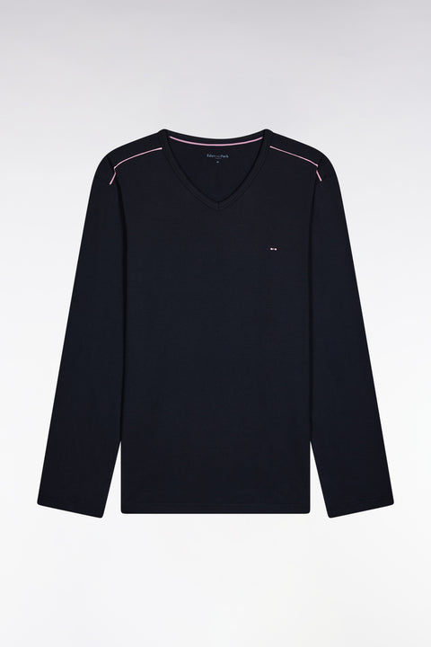 Long pyjamas in plain navy cotton jersey with pink piping - Image 1