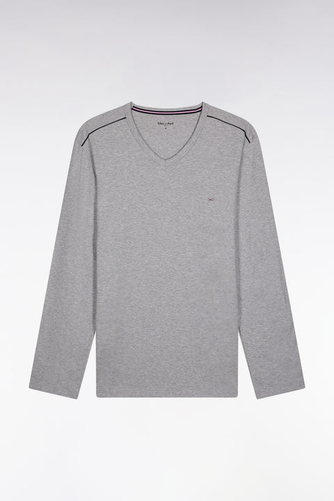 Pyjama long en jersey de coton uni noir et gris passepoils noirs - Image 1