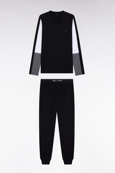 Pyjama long en jersey de coton colorblock gris - Image 1