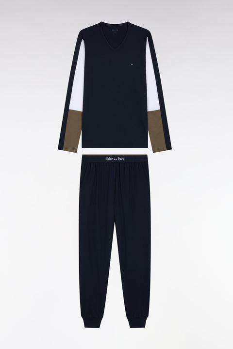 Pyjama long en jersey de coton colorblock kaki - Image 1