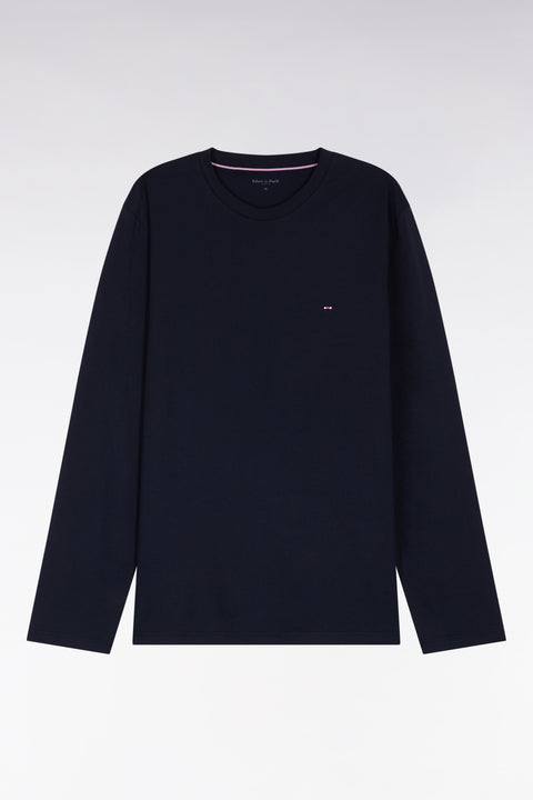 Pyjama long en jersey de coton marine pantalon à motifs roses - Image 1