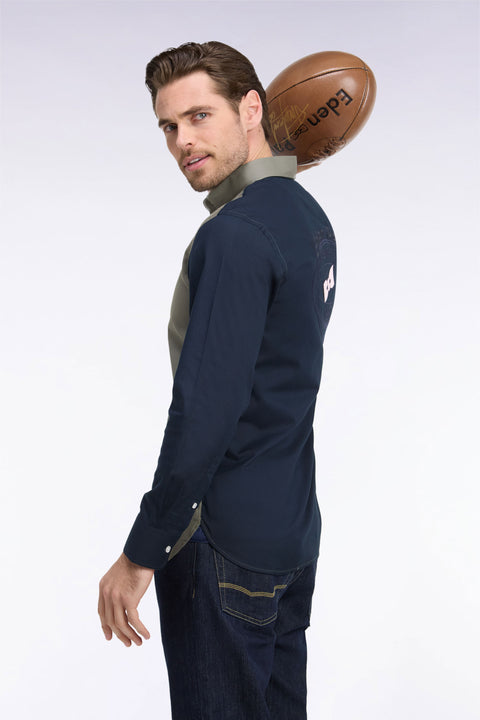 Chemise bicolore en coton oxford vert olive patch dos coupe droite - Image 1