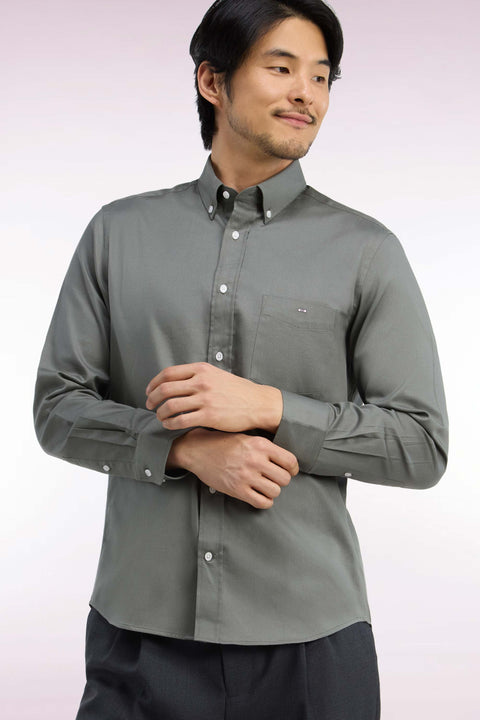 Olive green cotton piqué straight-cut shirt - Image 1