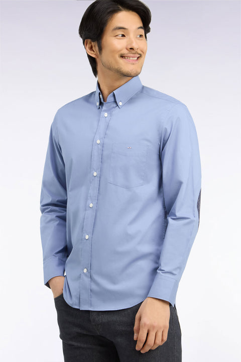 Blue cotton shirt with micro-pattern details, straight cut - Image 1