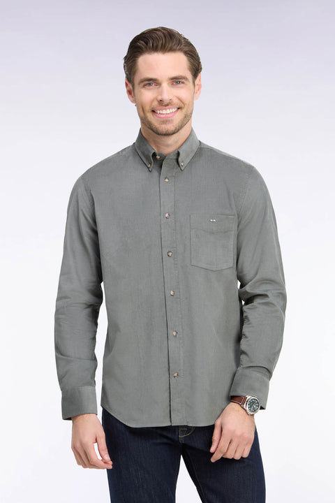 Straight-fit khaki ribbed cotton shirt - Image 2