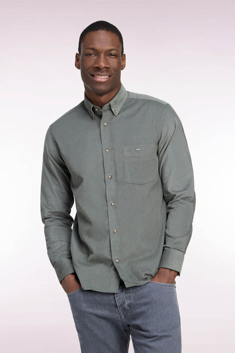 Olive green ribbed cotton straight fit shirt - Image 3