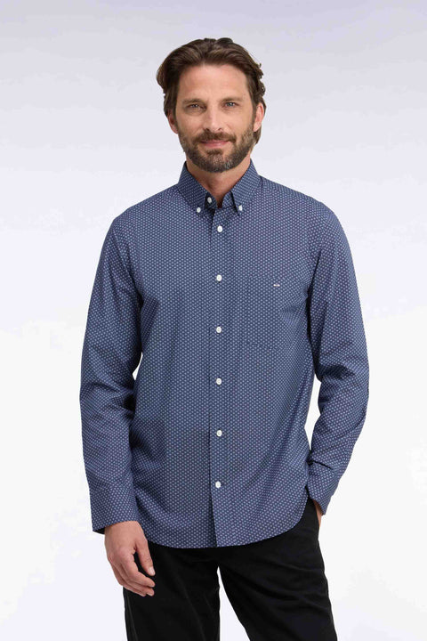 Chemise en coton bleu à micromotifs coupe droite - Image 3