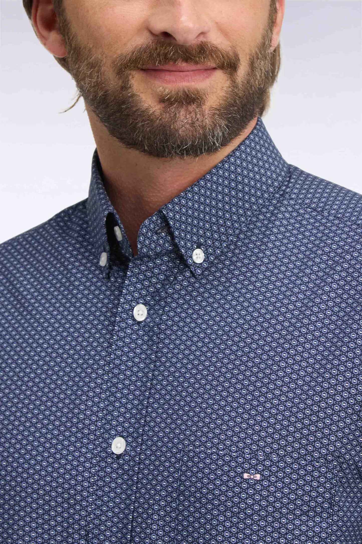 Chemise en coton bleu à micromotifs coupe droite