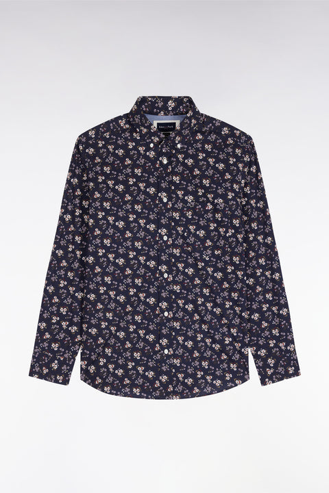 Navy cotton shirt with micro-flower patterns, straight cut - Image 2