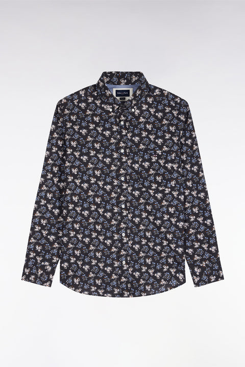 Brown cotton shirt with micro-flower patterns, straight cut - Image 2