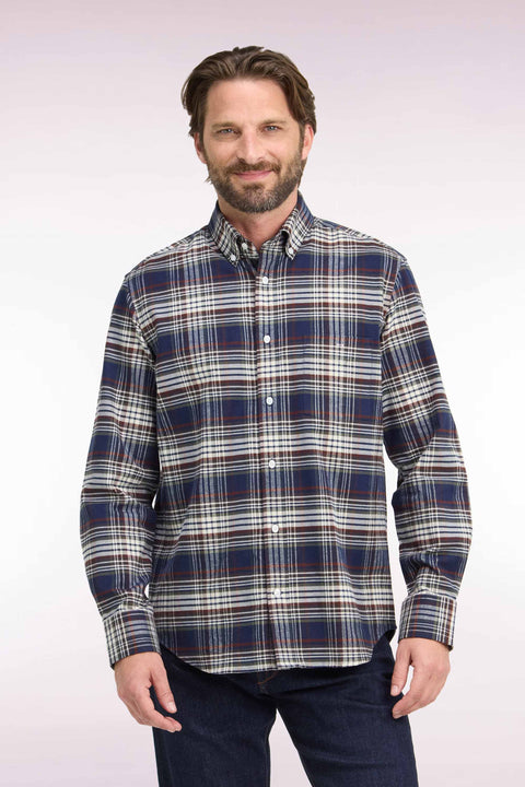 Straight-fit navy checked cotton flannel shirt - Image 3