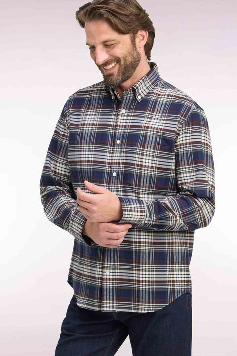 Straight-fit navy checked cotton flannel shirt - Image 1