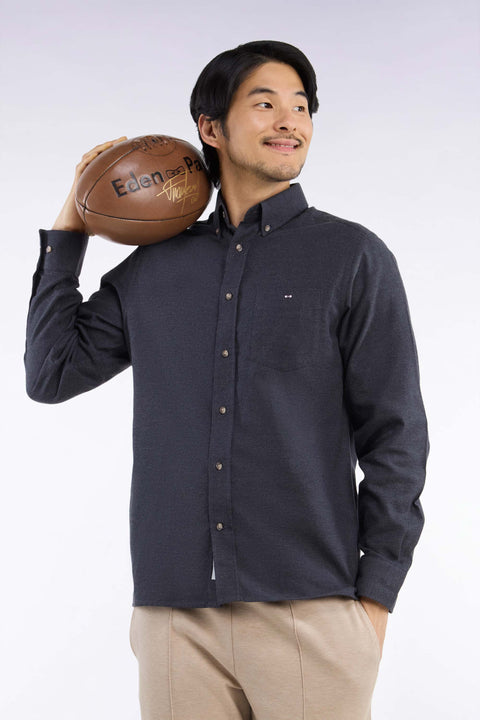 Chemise unie en coton gris foncé coupe droite - Image 1
