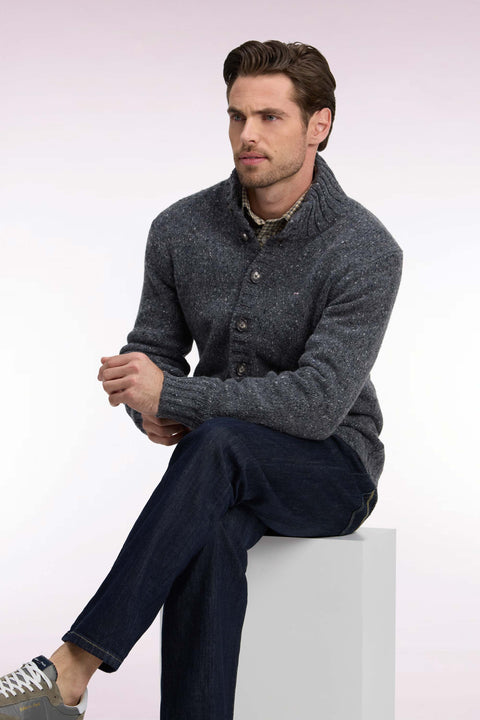 Cardigan boutonné en maille épaisse chinée gris coupe droite - Image 1