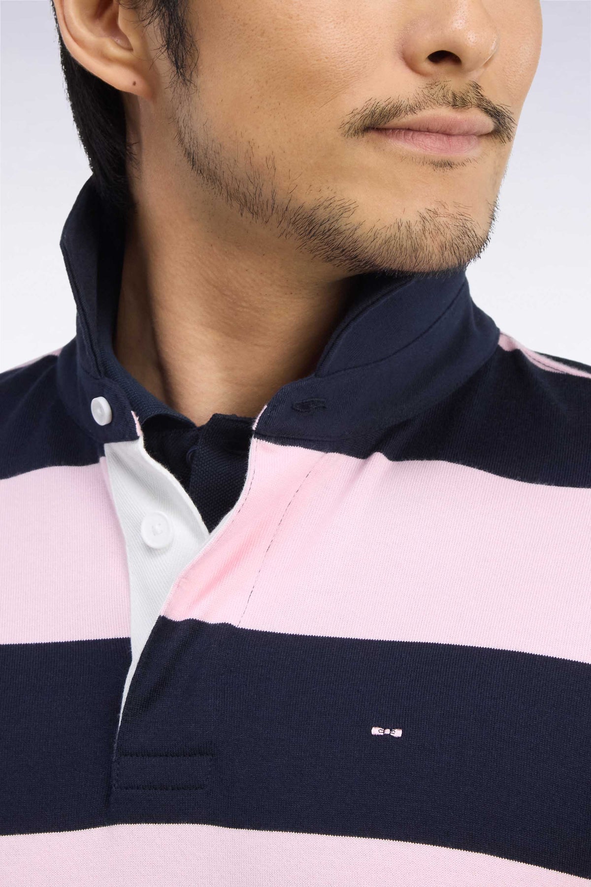 Maillot manches longues en coton rayé rose et marine coupe droite