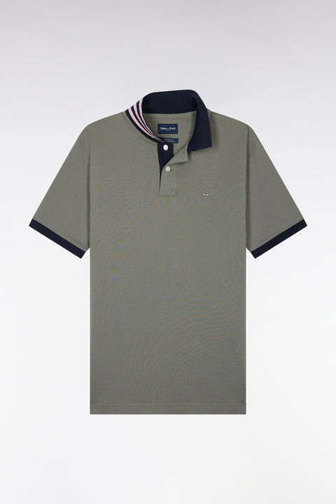 Polo manches courtes sous-col rayé en coton Pima kaki coupe droite - Image 2