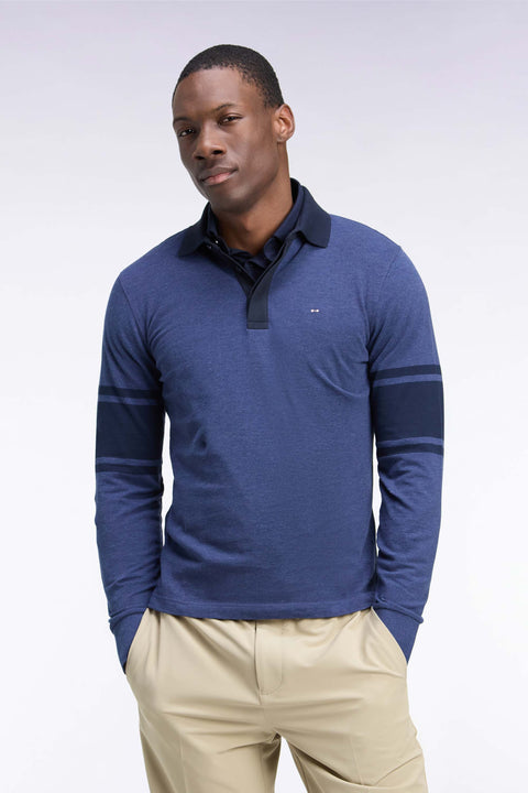 Polo à manches longues en piqué coton bleu et marine coupe droite - Image 3