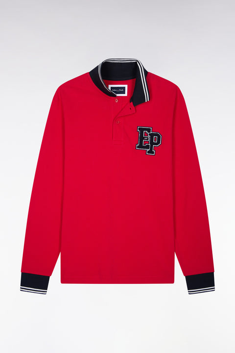 Polo manches longues en piqué de coton peigné rouge coupe droite - Image 2