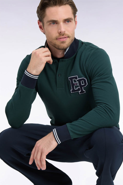 Polo manches longues en piqué de coton peigné vert foncé coupe droite - Image 1