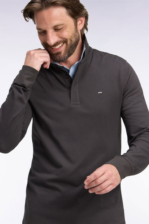 Polo manches longues en coton stretch marron coupe ajustée - Image 1