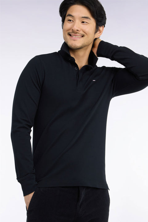 Polo manches longues en coton stretch noir coupe ajustée - Image 1