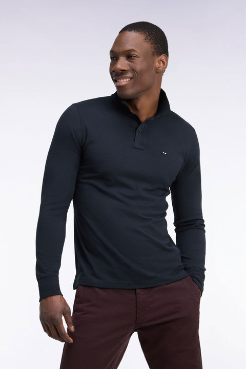 Polo manches longues en coton Pima noir coupe droite - Image 1