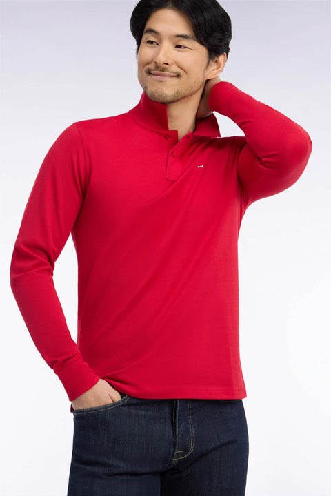 Polo manches longues en coton Pima rouge coupe droite - Image 1