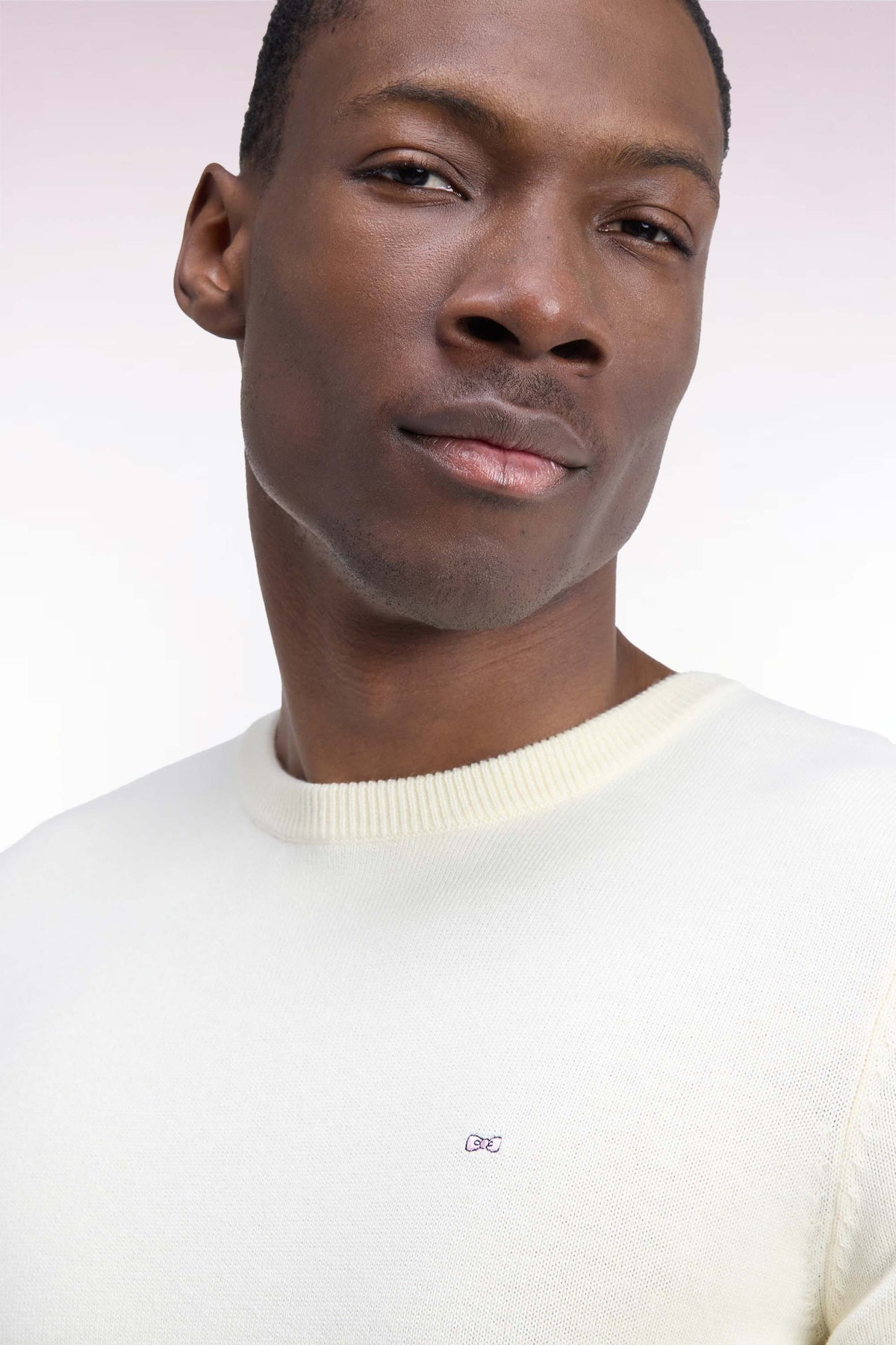 Round neck sweater in ecru wool and cotton, straight cut