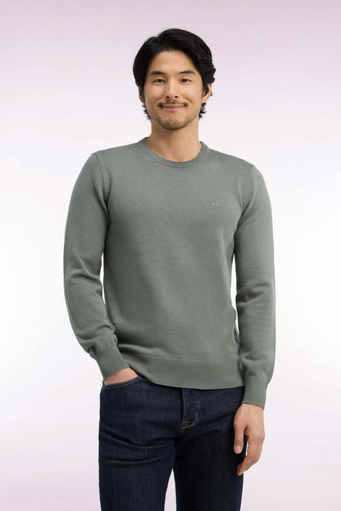Pull col rond en laine et coton vert olive coupe droite - Image 3