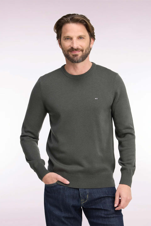 Pull col rond en laine et coton kaki coupe droite - Image 3