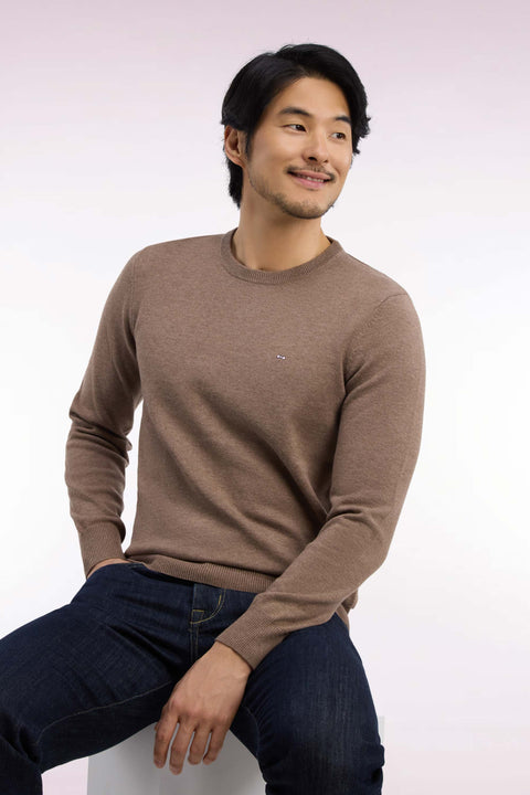 Pull col rond en laine et coton marron coupe droite - Image 1