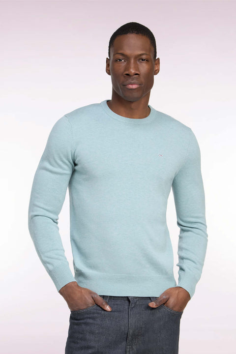 Pull col rond en laine et coton vert d'eau coupe droite - Image 3