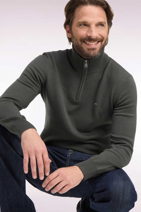 Straight cut khaki wool and cotton trucker neck sweater - Image 1