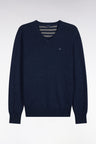 Pull col V en laine et coton bleu coupe droite