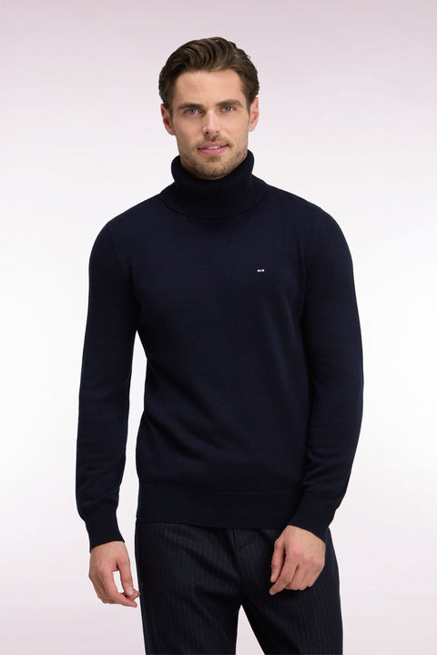 Pull col roulé en laine et coton marine coupe droite - Image 3