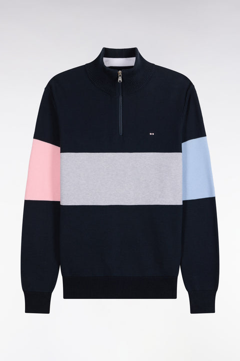 Pull à col camionneur en coton marine à découpe contrastée coupe droite - Image 2