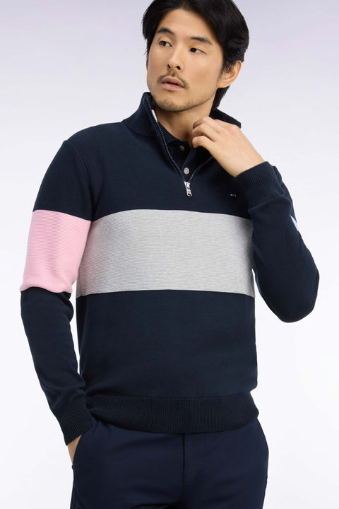 Pull à col camionneur en coton marine à découpe contrastée coupe droite - Image 1