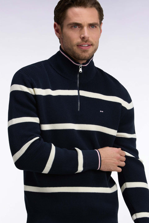 Pull rayé à col camionneur zippé en coton marine et écru coupe droite - Image 1