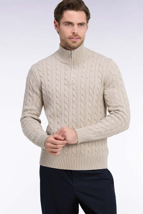 Pull à torsades à col camionneur en coton beige coupe droite - Image 1