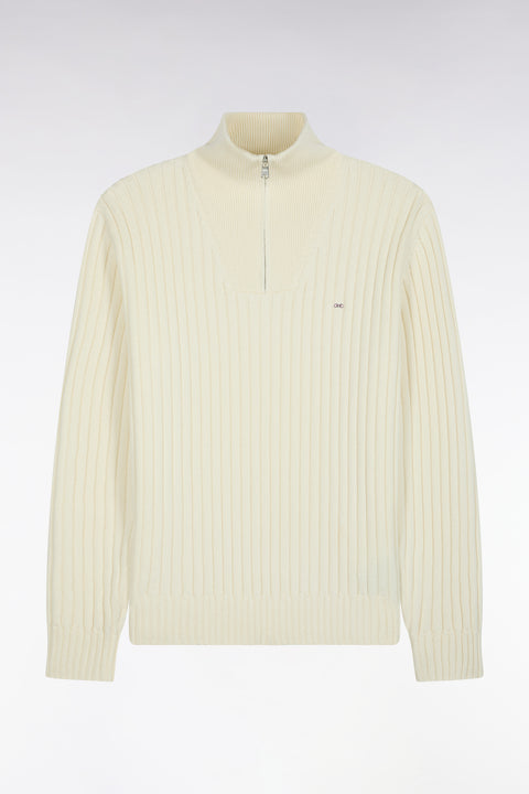 Straight cut ribbed ecru wool and cotton trucker neck sweater - Image 2