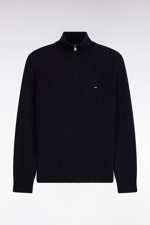 Straight cut ribbed navy wool and cotton trucker neck sweater - Image 2