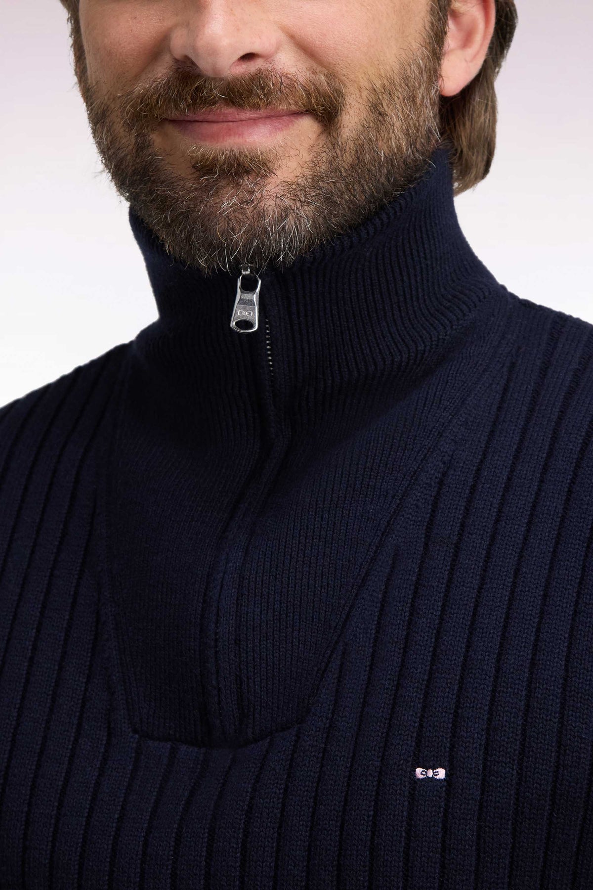 Straight cut ribbed navy wool and cotton trucker neck sweater