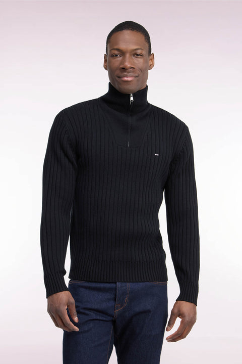 Straight cut ribbed black wool and cotton trucker neck sweater - Image 3
