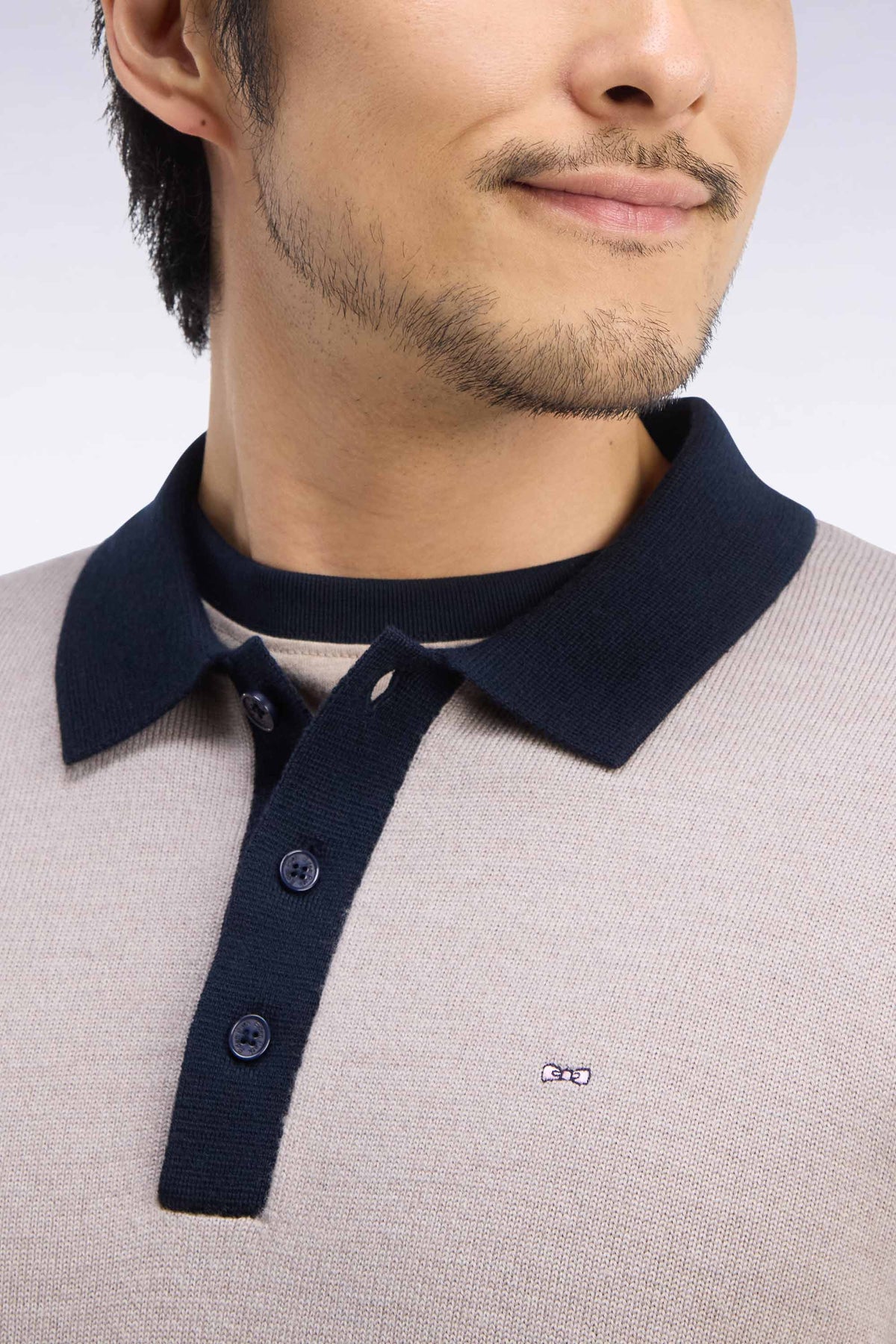 Beige merino wool jersey polo collar sweater