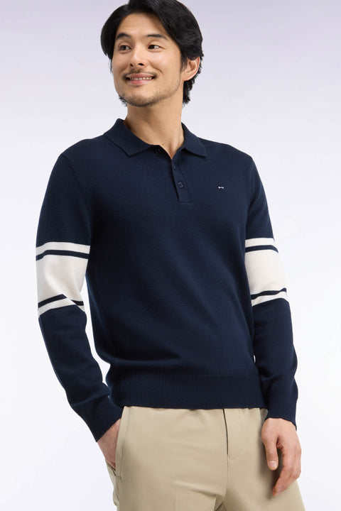 Polo collar sweater in navy merino wool jersey - Image 1