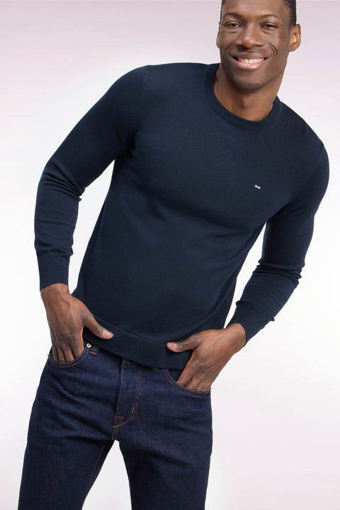 Pull à col rond en coton et viscose marine coupe droite - Image 1